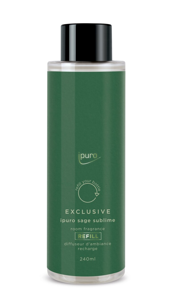 Fles met groen etiket, ipuro sage sublime huisparfum navulling, 240 ml, vooraanzicht