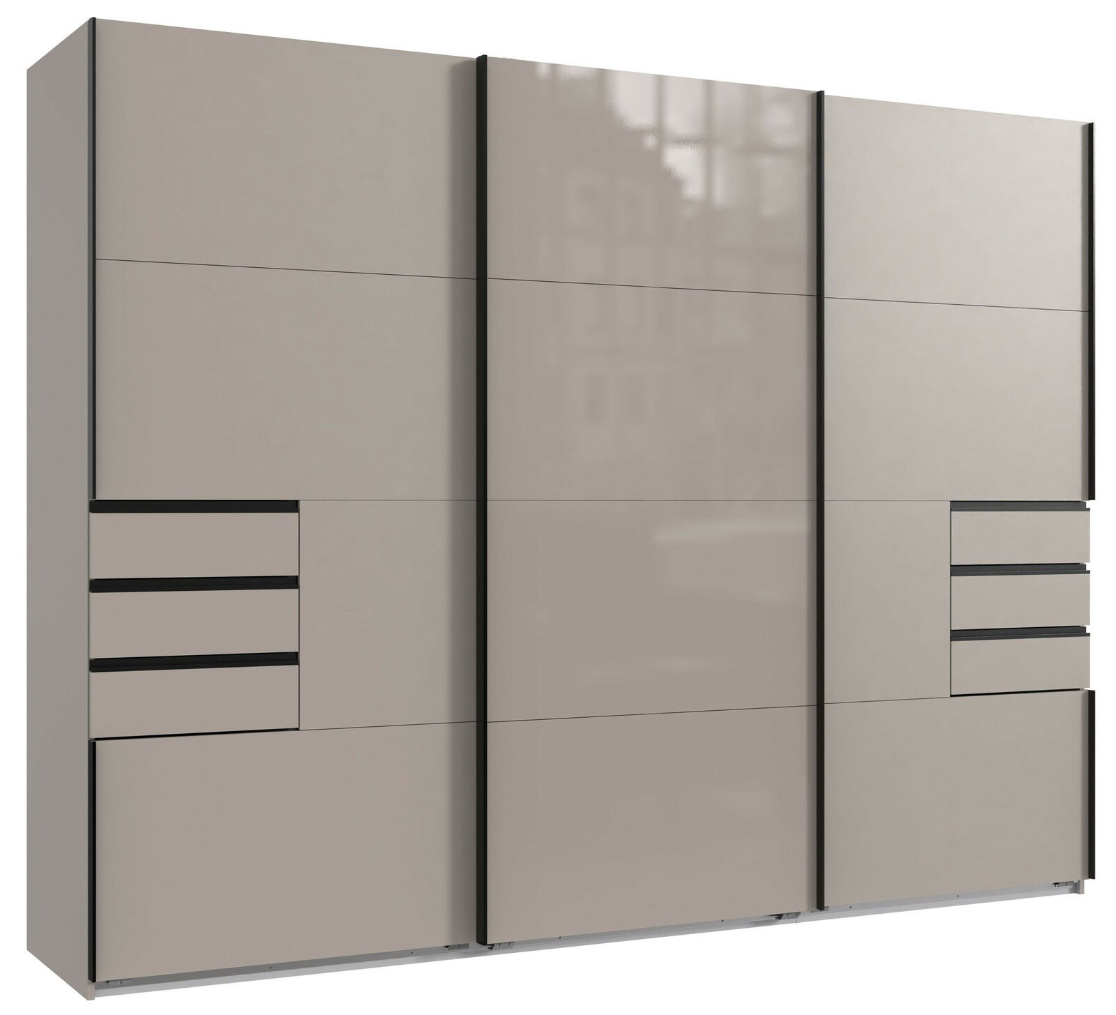 Moderner dreitüriger Schwebetürenschrank in Beige mit schwarzen Akzenten, Frontansicht.