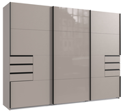 Moderner dreitüriger Schwebetürenschrank in Beige mit schwarzen Akzenten, Frontansicht.