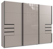 Moderner dreitüriger Schwebetürenschrank in Beige mit schwarzen Akzenten, Frontansicht.