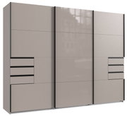 Moderne drievleugelige zweefdeurkast in beige met zwarte accenten, vooraanzicht.
