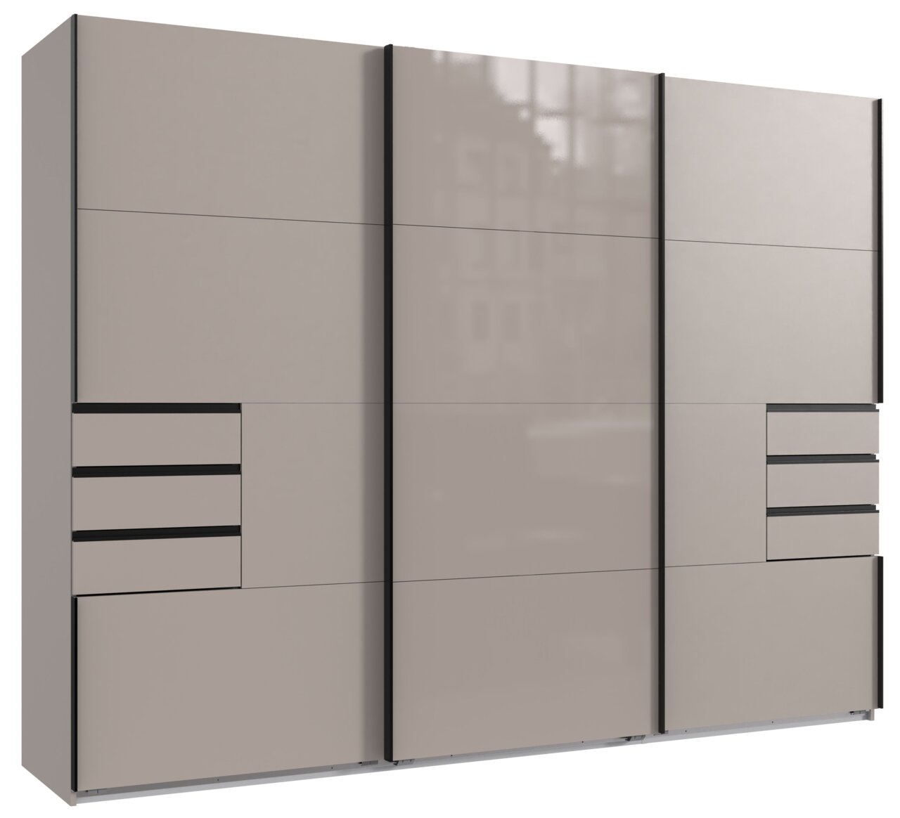 Moderner dreitüriger Schwebetürenschrank in Beige mit schwarzen Akzenten, Frontansicht.
