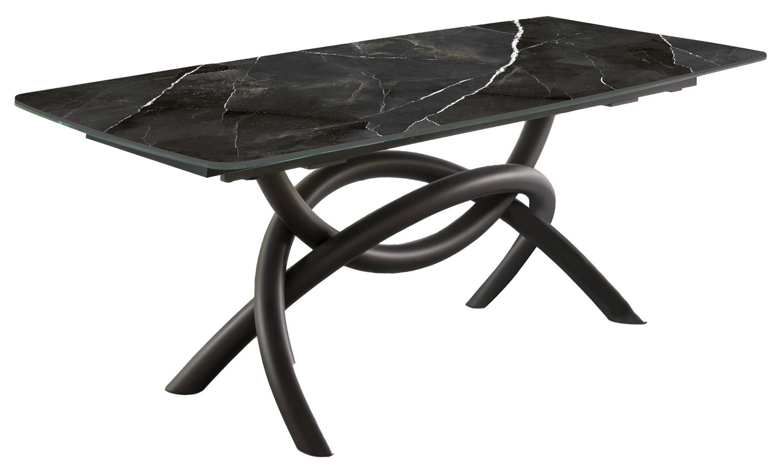 Moderner Esstisch mit schwarzer Marmoroptik und kunstvoll verschlungenem Metallgestell, seitliche Perspektive.