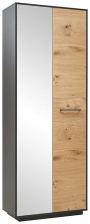 Moderner Dielenschrank mit einer Spiegeltür und einer Holztür in Eichenoptik, seitliche Perspektive