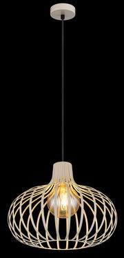 Moderne Hängeleuchte mit offenem, kugelförmigem Design aus Metallstreben, seitliche Perspektive.