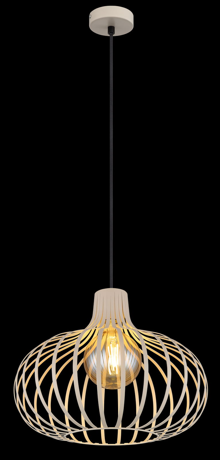 Moderne Hängeleuchte mit offenem, kugelförmigem Design aus Metallstreben, seitliche Perspektive.