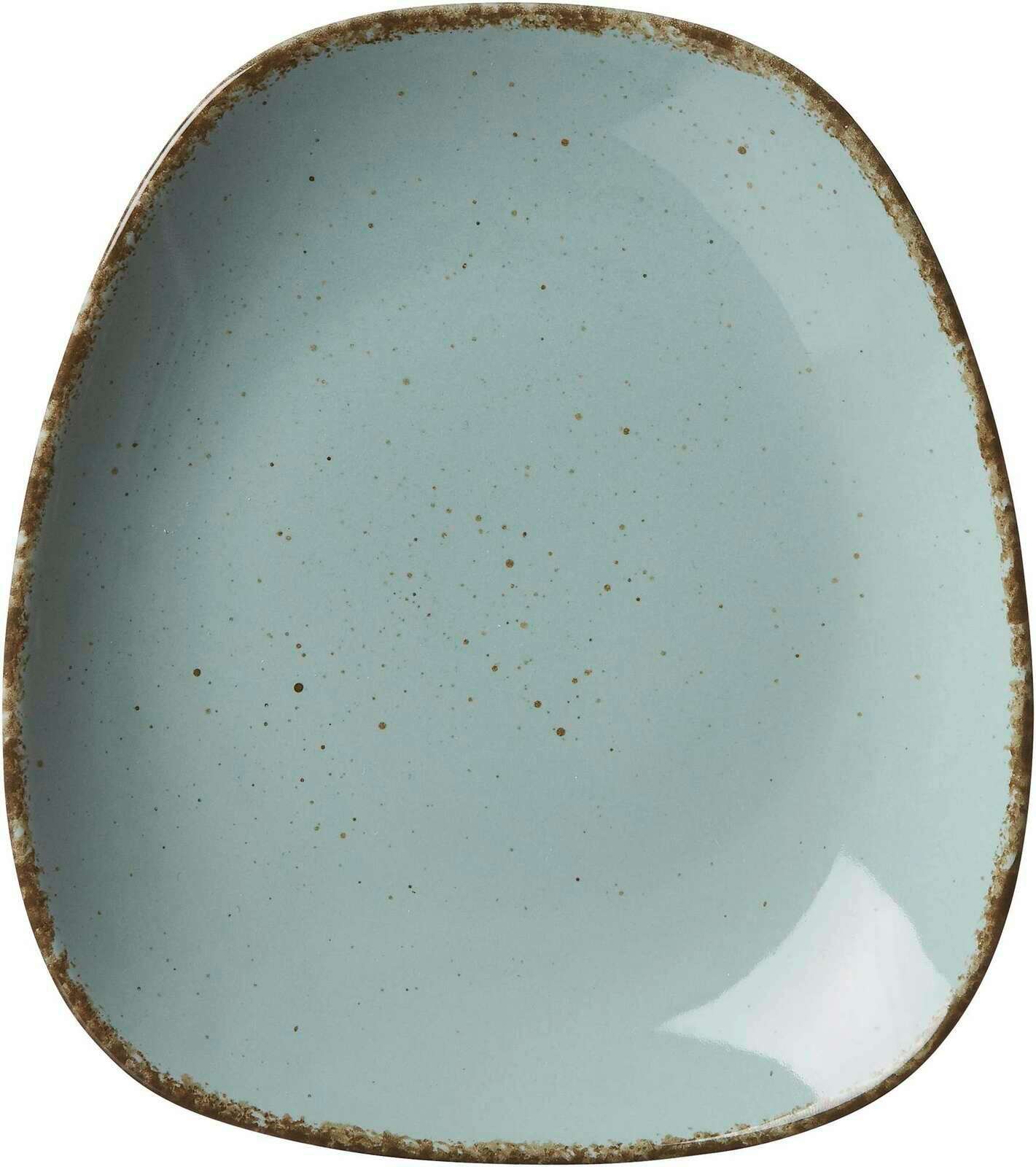 Vogelperspektive auf einen blauen, quadratischen Dessertteller mit gesprenkeltem Design und rustikalem Rand.