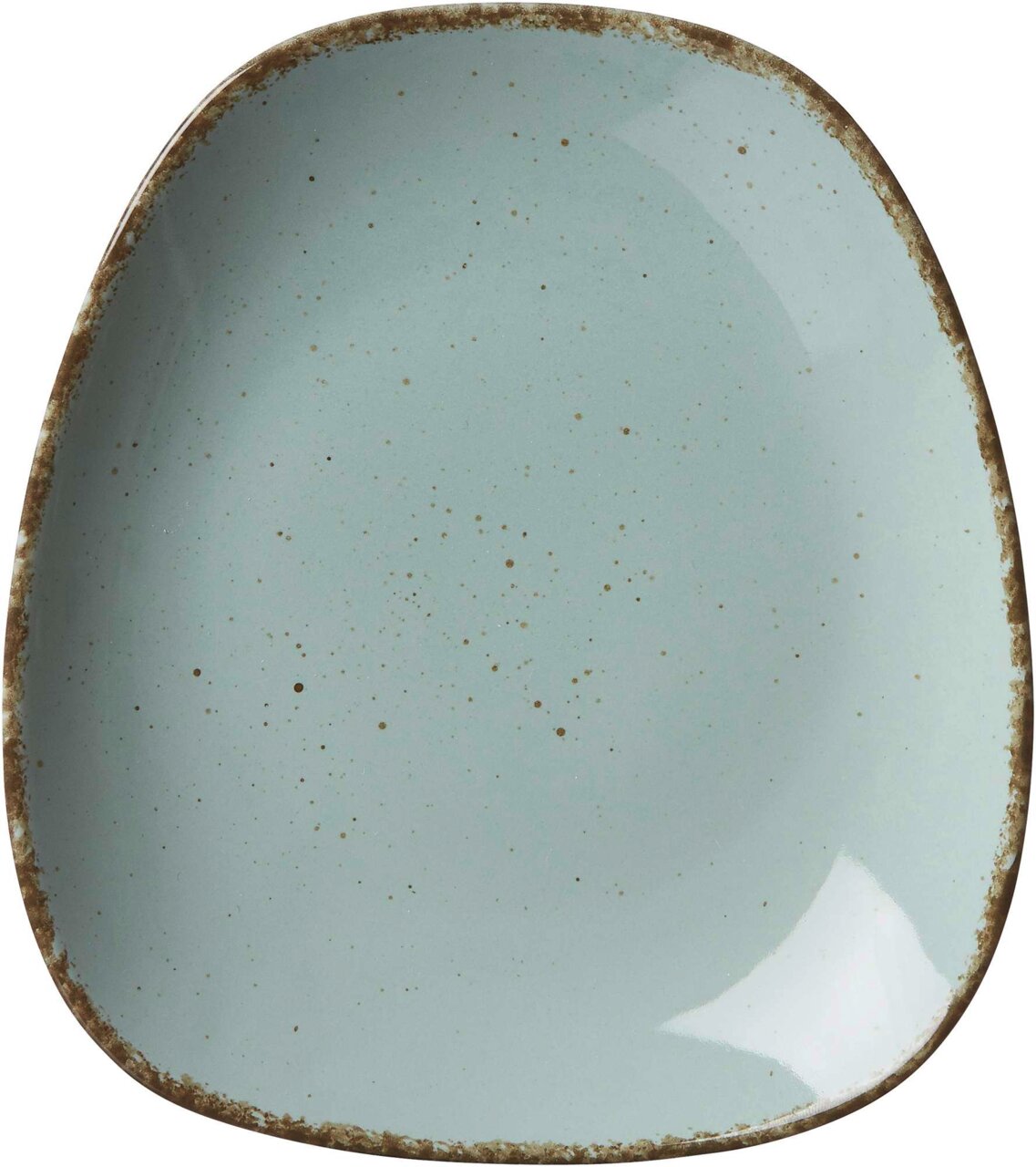 Vogelperspektive auf einen blauen, quadratischen Dessertteller mit gesprenkeltem Design und rustikalem Rand.