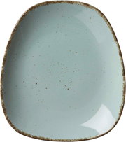 Vogelperspektive auf einen blauen, quadratischen Dessertteller mit gesprenkeltem Design und rustikalem Rand.