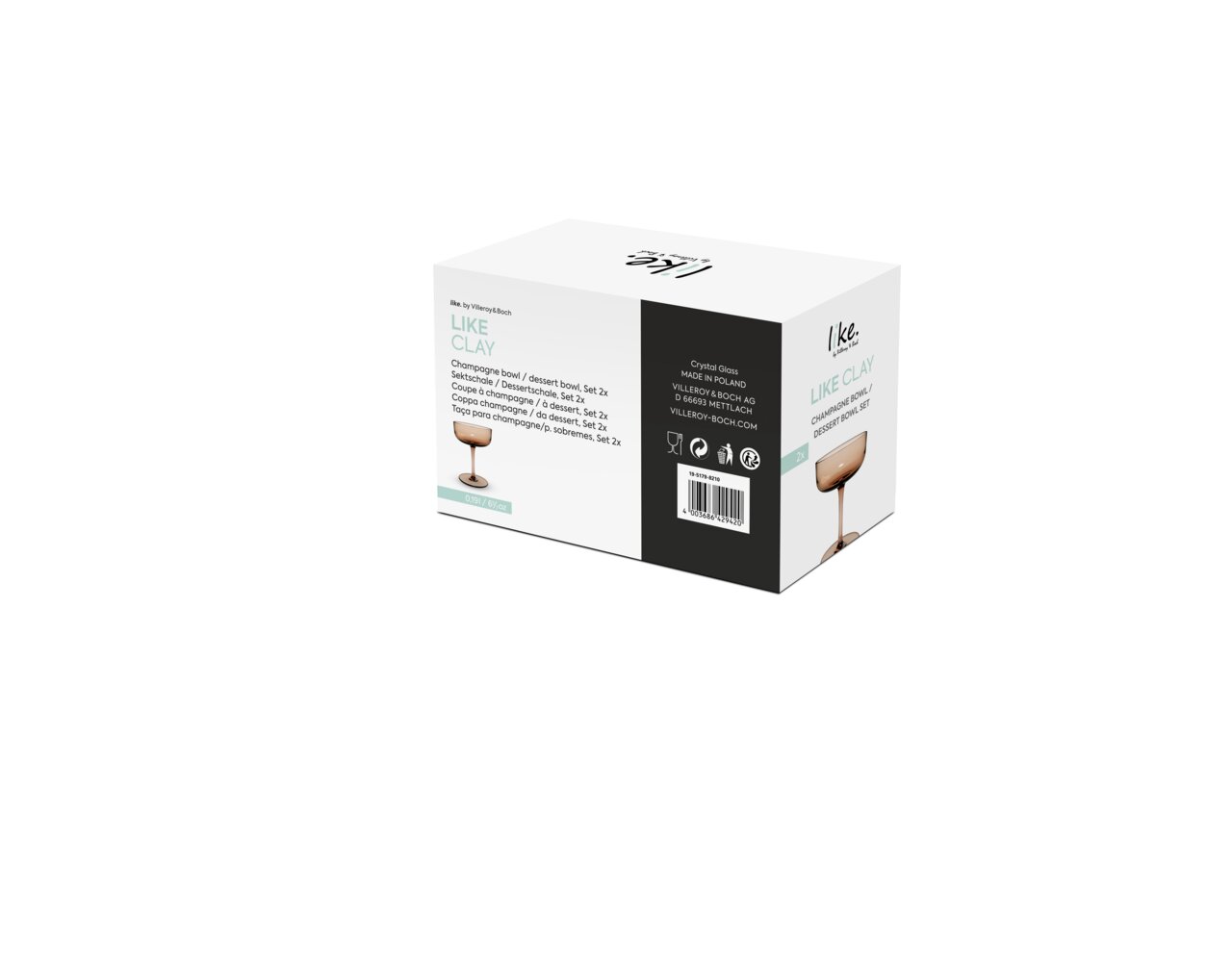 Verpakking van de LIKE CLAY-set met champagneglazen en dessertschaaltjes van Villeroy & Boch, zijaanzicht