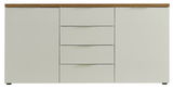 Frontale Ansicht eines modernen Sideboards mit zwei Türen und vier Schubladen in hellem Holzdesign.
