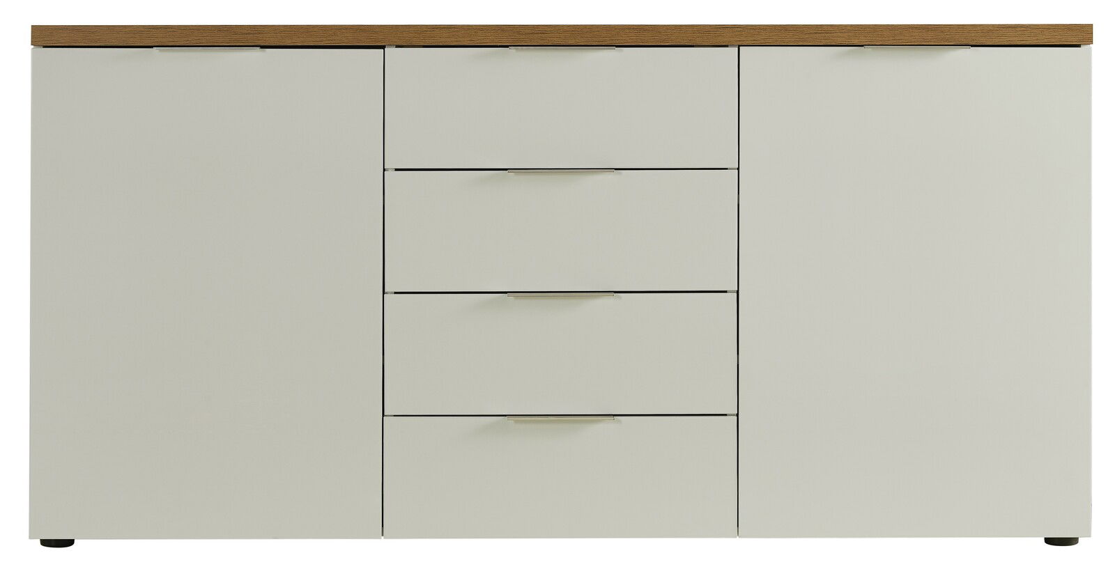 Frontale Ansicht eines modernen Sideboards mit zwei Türen und vier Schubladen in hellem Holzdesign.