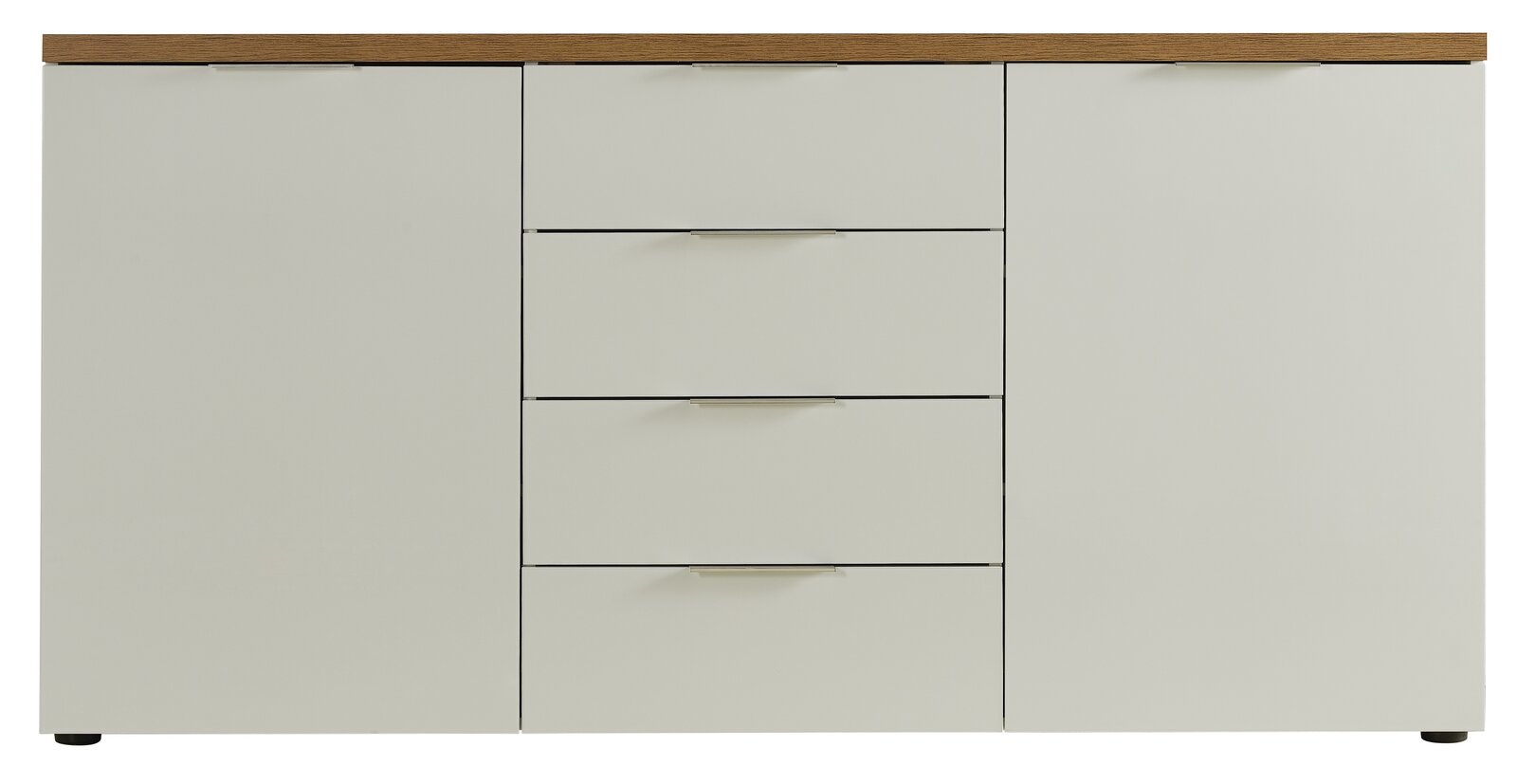 Frontale Ansicht eines modernen Sideboards mit zwei Türen und vier Schubladen in hellem Holzdesign.