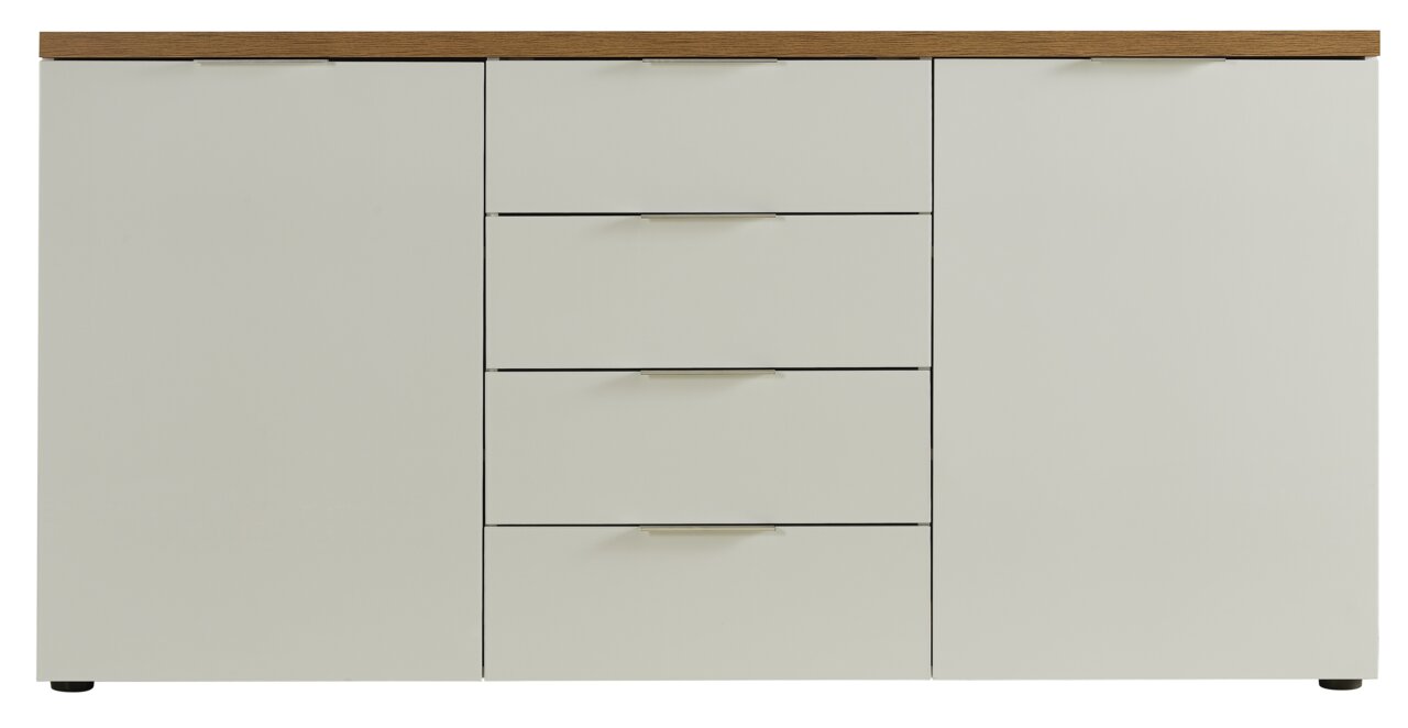 Frontale Ansicht eines modernen Sideboards mit zwei Türen und vier Schubladen in hellem Holzdesign.