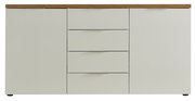 Frontale Ansicht eines modernen Sideboards mit zwei Türen und vier Schubladen in hellem Holzdesign.