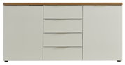Frontale Ansicht eines modernen Sideboards mit zwei Türen und vier Schubladen in hellem Holzdesign.