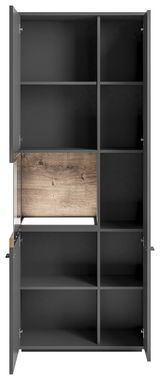 Vitrine mit Glasausschnitt links, offene Perspektive, mehrere Fächer, dunkles Holzdesign