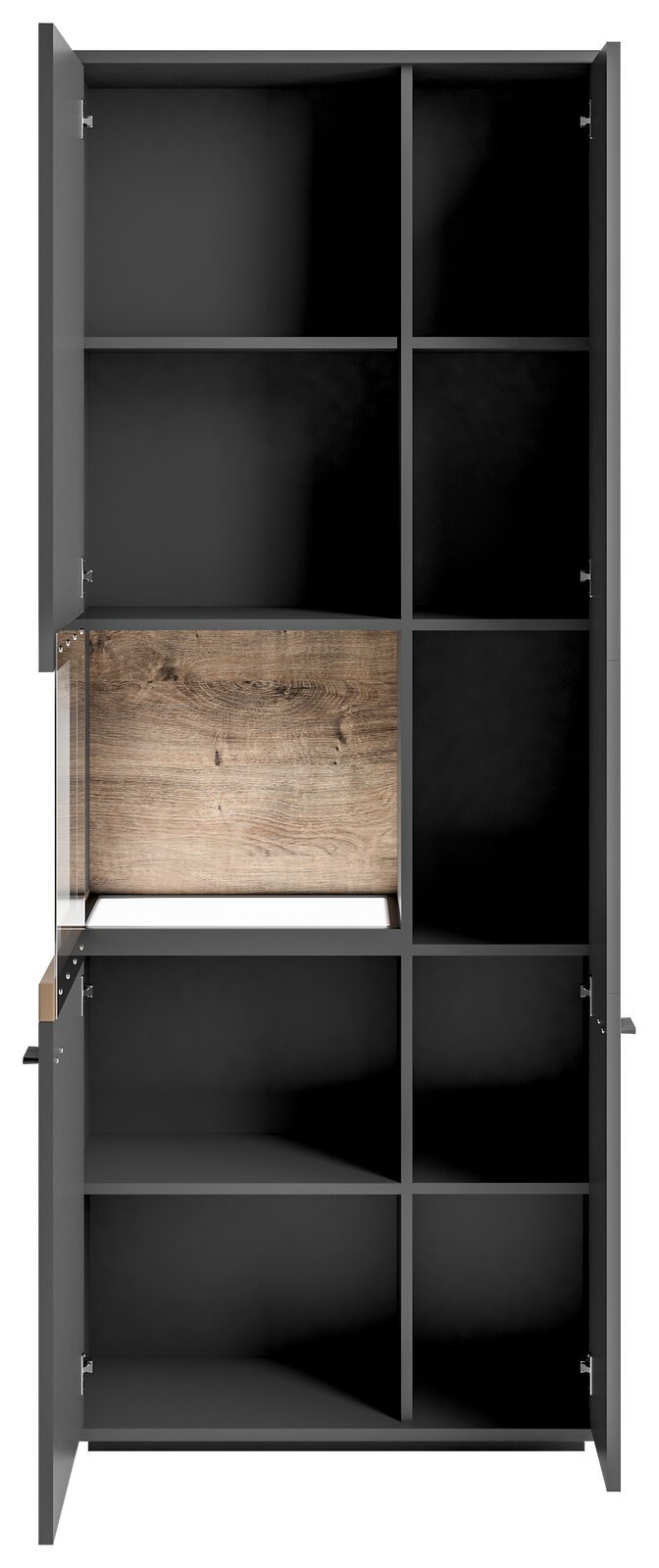 Vitrine mit Glasausschnitt links, offene Perspektive, mehrere Fächer, dunkles Holzdesign