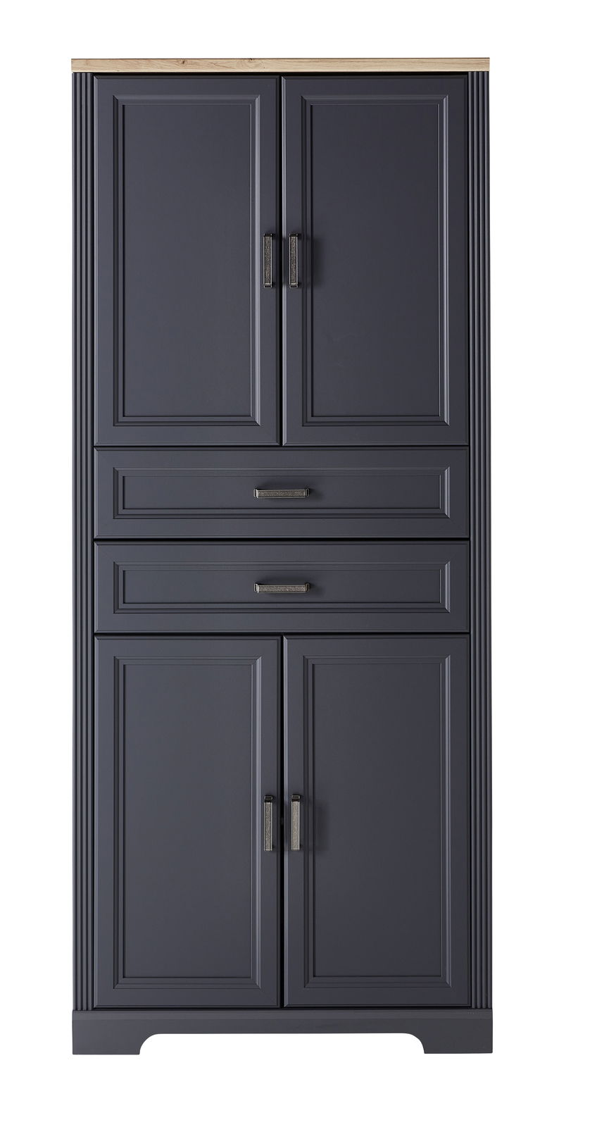 Landscape Aktenschrank JUDITH Vorderansicht eines eleganten, dunkelgrauen Aktenschranks mit vier Türen und zwei Schubladen, verziert mit modernen Griffen und einer hellen Holzplatte.