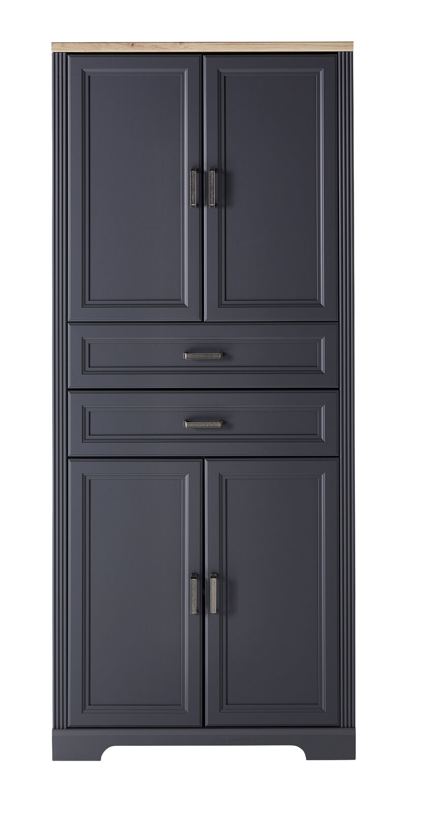 Landscape Aktenschrank JUDITH Vorderansicht eines eleganten, dunkelgrauen Aktenschranks mit vier Türen und zwei Schubladen, verziert mit modernen Griffen und einer hellen Holzplatte.