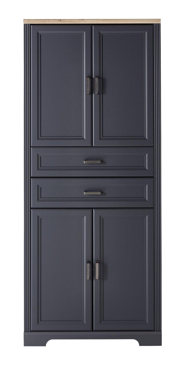 Landscape Aktenschrank JUDITH Vorderansicht eines eleganten, dunkelgrauen Aktenschranks mit vier Türen und zwei Schubladen, verziert mit modernen Griffen und einer hellen Holzplatte.