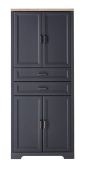 Vorderansicht eines eleganten, dunkelgrauen Aktenschranks mit vier Türen und zwei Schubladen, verziert mit modernen Griffen und einer hellen Holzplatte.