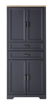 Vorderansicht eines eleganten, dunkelgrauen Aktenschranks mit vier Türen und zwei Schubladen, verziert mit modernen Griffen und einer hellen Holzplatte.