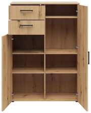 Kommode aus Holz mit zwei offenen Schubladen und mehreren Fächern, frontal betrachtet