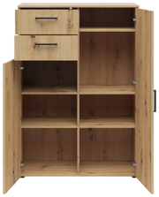 Kommode aus Holz mit zwei offenen Schubladen und mehreren Fächern, frontal betrachtet