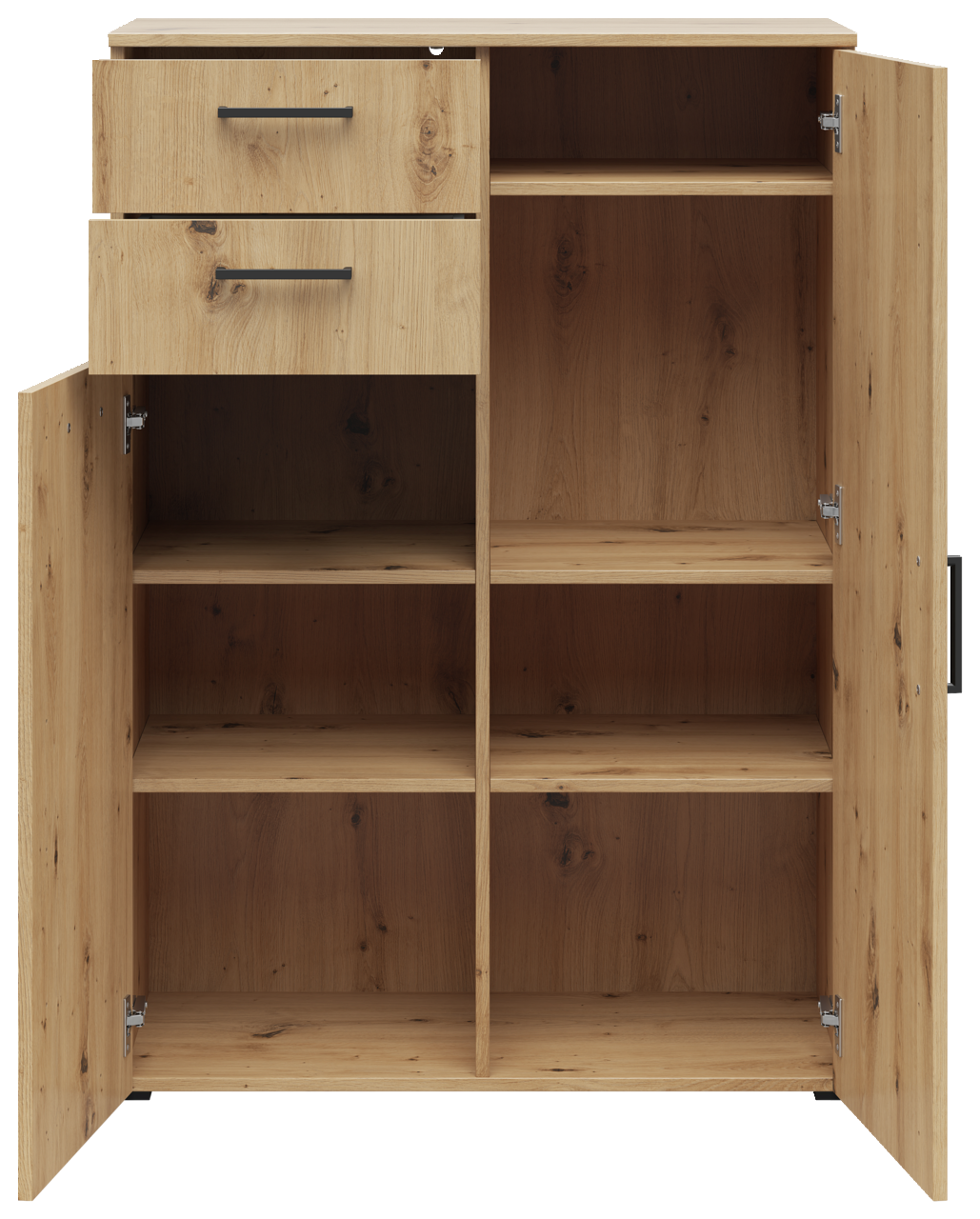 Kommode aus Holz mit zwei offenen Schubladen und mehreren Fächern, frontal betrachtet