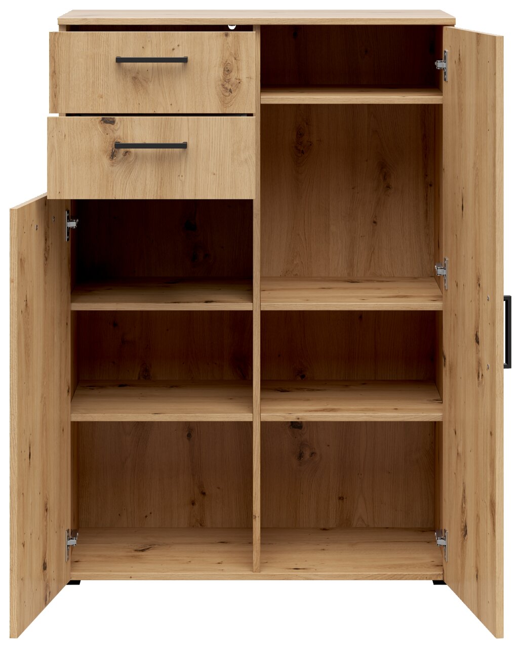 Kommode aus Holz mit zwei offenen Schubladen und mehreren Fächern, frontal betrachtet