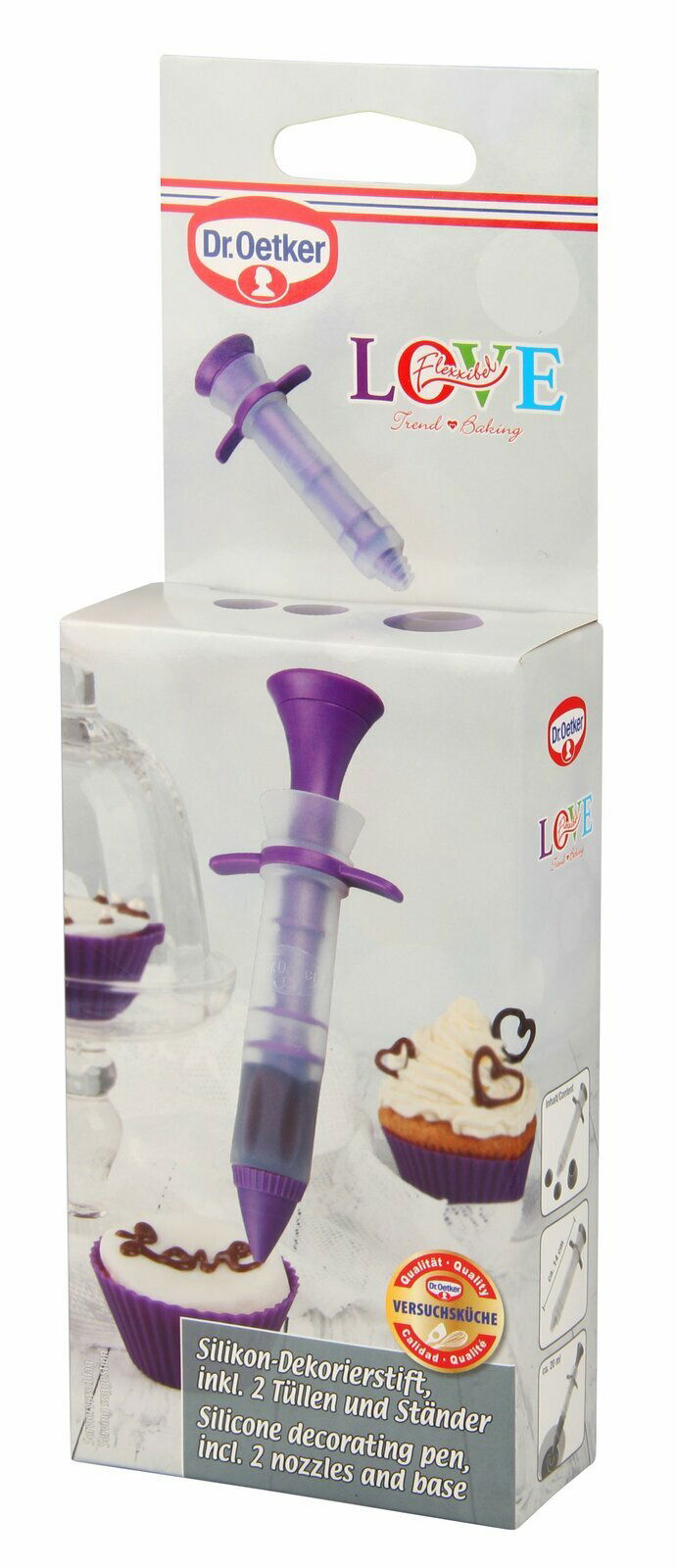 Dekorierstift von Dr. Oetker mit zwei Tüllen, ideal zum Verzieren von Gebäck. Perspektive: Verpackung von vorne.