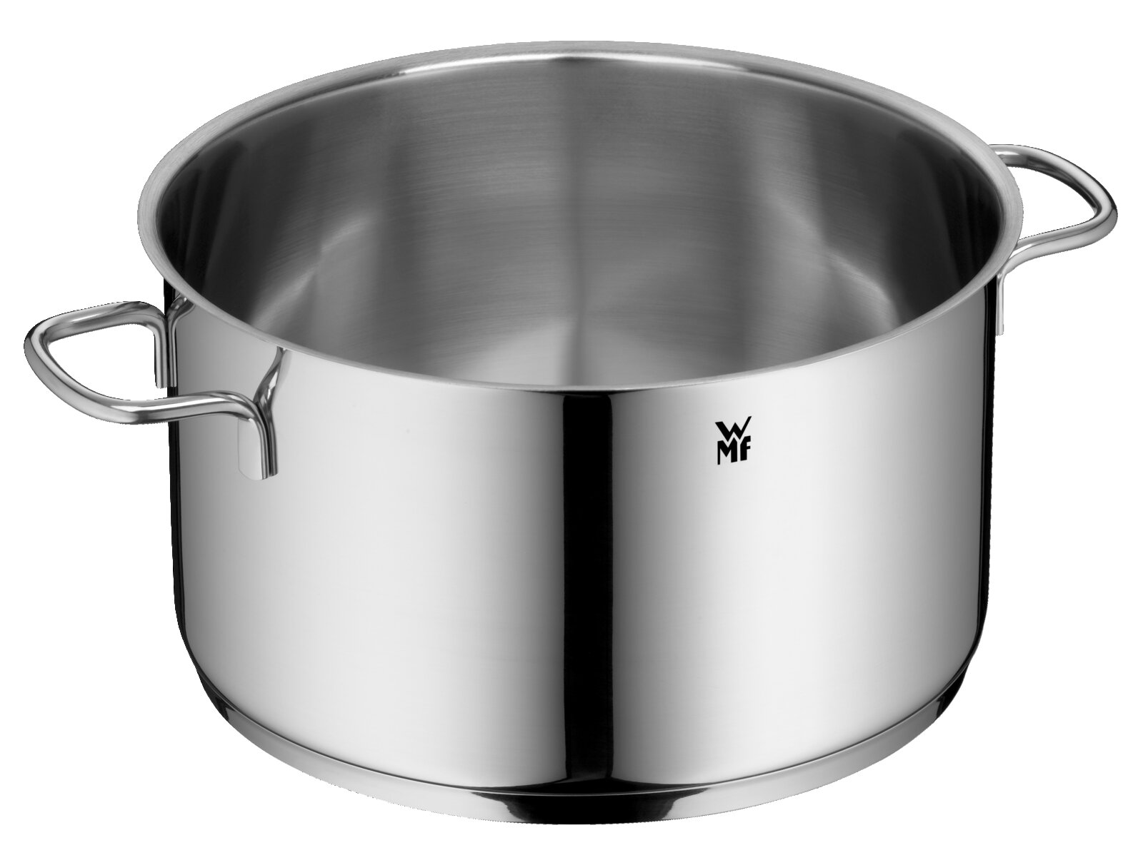 Edelstahl-Kochtopf mit zwei seitlichen Griffen und WMF-Logo, freigestellt, in leicht schräger Vorderansicht von oben