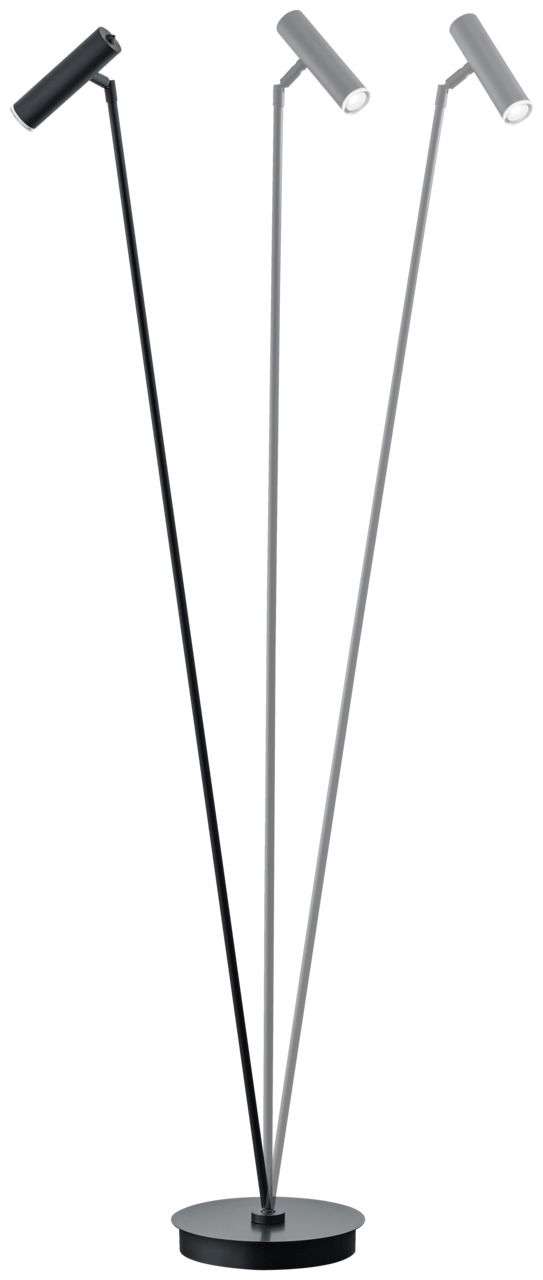 Dreifache LED-Stehleuchte in Schwarz und Grau, seitliche Perspektive