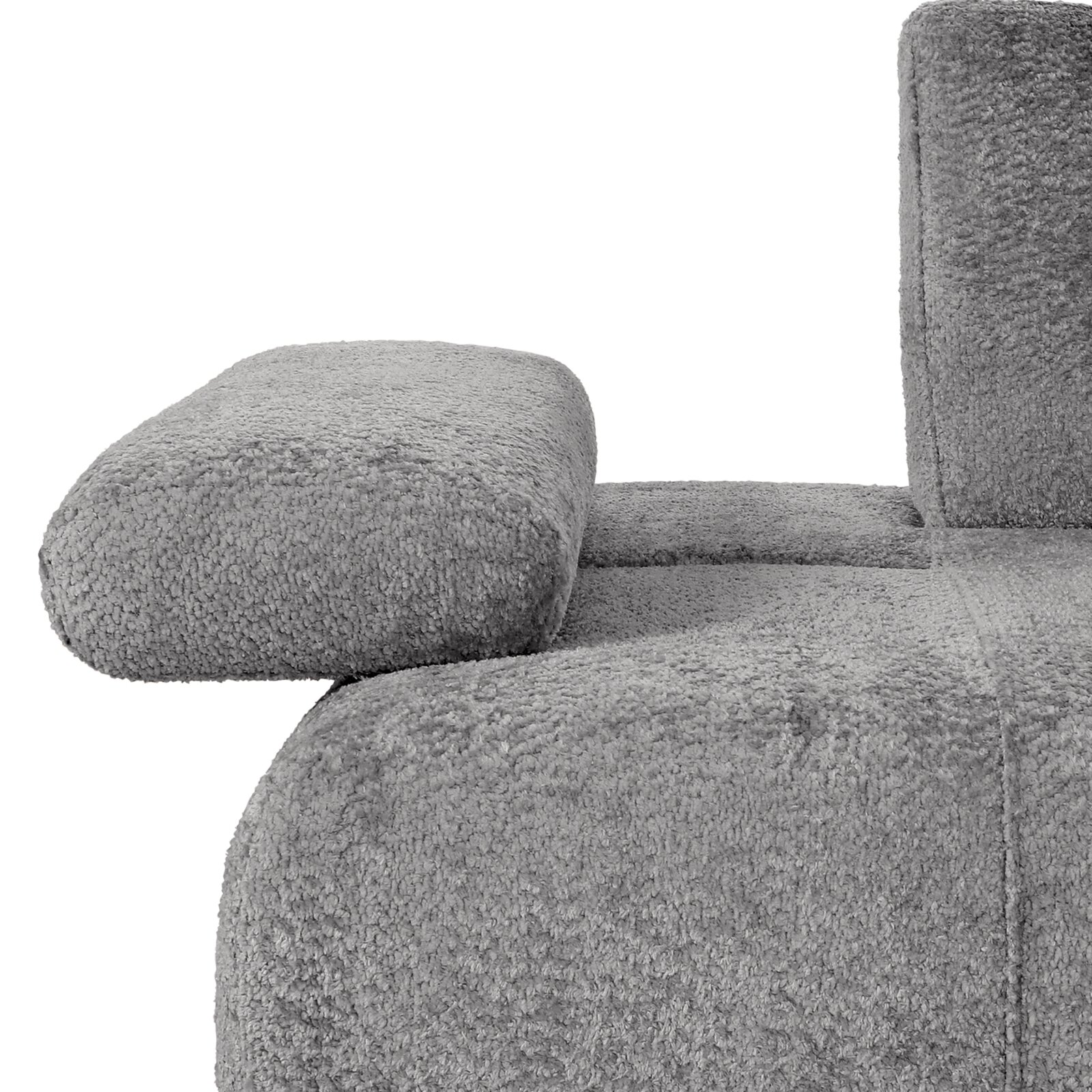 Graues Sofa 2-Sitzer mit weicher Textur, Nahaufnahme der Armlehne und Rückenlehne von der Seite