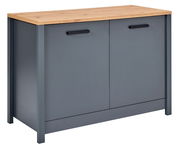 Spülenunterschrank in grauer Farbe mit Holzplatte, Frontansicht