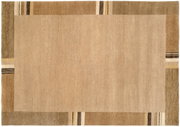 Wollteppich in rechteckiger Form mit einem minimalistischen Design in Erdtönen, aus der Vogelperspektive fotografiert.