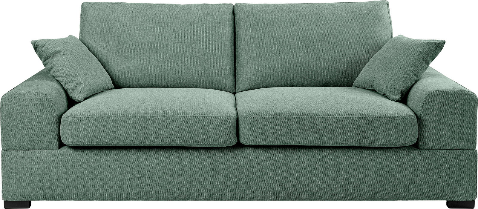 Grünes 2-Sitzer-Stoffsofa mit zwei großen Sitz- und Rückenkissen sowie zwei kleinen Zierkissen, frontale Ansicht auf weißem Hintergrund