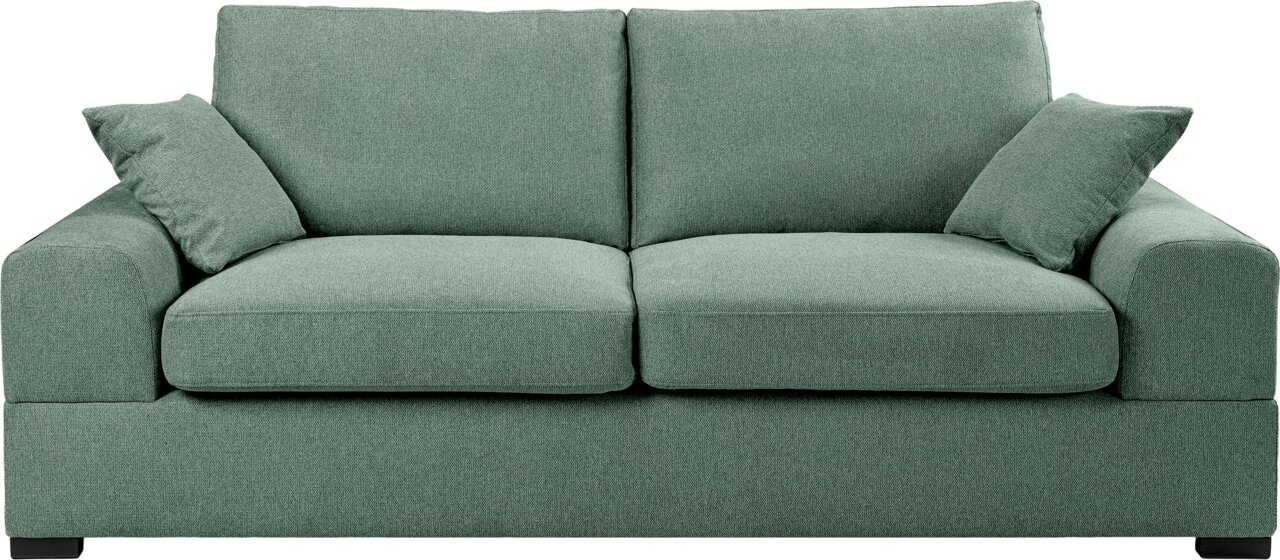 Grünes 2-Sitzer-Stoffsofa mit zwei großen Sitz- und Rückenkissen sowie zwei kleinen Zierkissen, frontale Ansicht auf weißem Hintergrund