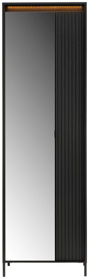 Moderner Garderobenschrank mit Spiegel und geriffelter schwarzer Tür, Frontalansicht