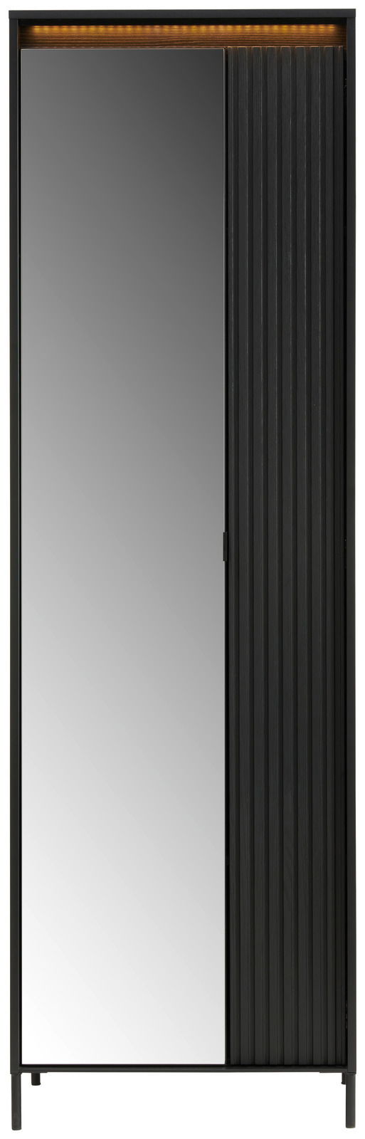Moderner Garderobenschrank mit Spiegel und geriffelter schwarzer Tür, Frontalansicht