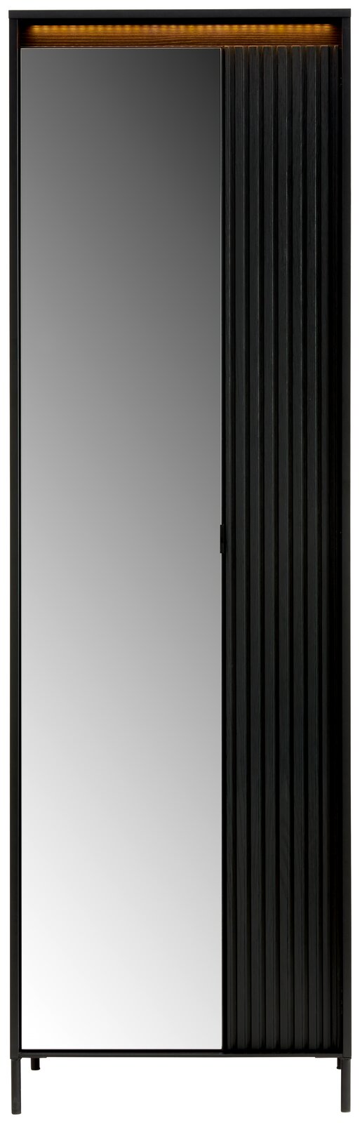 Moderner Garderobenschrank mit Spiegel und geriffelter schwarzer Tür, Frontalansicht