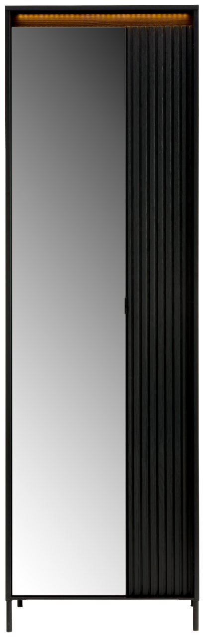 Moderner Garderobenschrank mit Spiegel und geriffelter schwarzer Tür, Frontalansicht