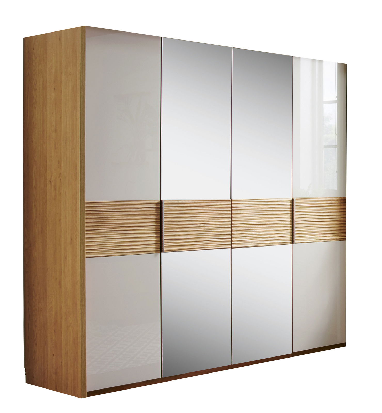 Venda Drehtürenschrank 4-türig ARONA 4-türiger Drehtürenschrank mit Holz- und Spiegelelementen, seitliche Perspektive