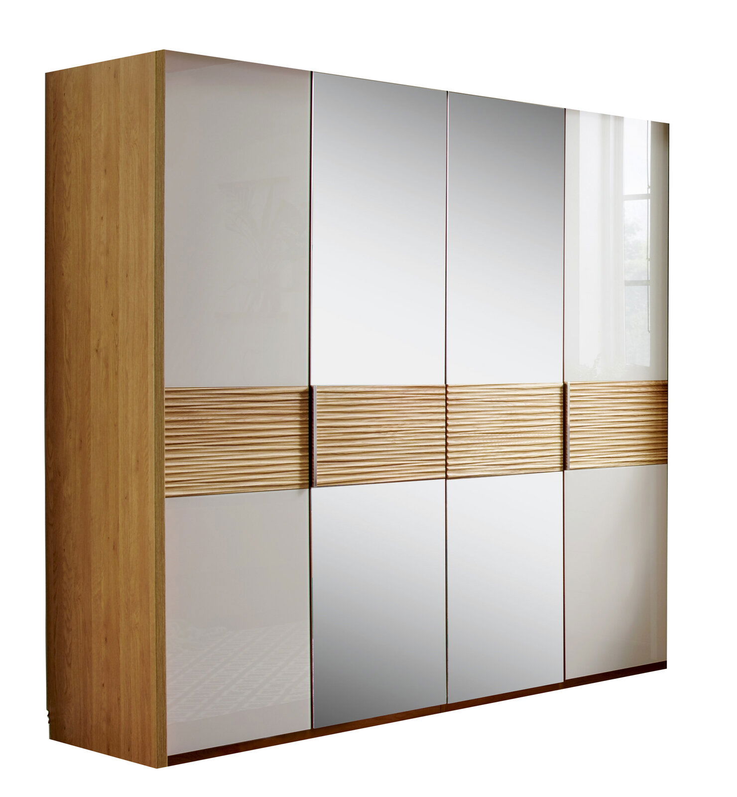 Venda Drehtürenschrank 4-türig ARONA 4-türiger Drehtürenschrank mit Holz- und Spiegelelementen, seitliche Perspektive