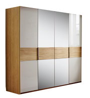 4-türiger Drehtürenschrank mit Holz- und Spiegelelementen, seitliche Perspektive