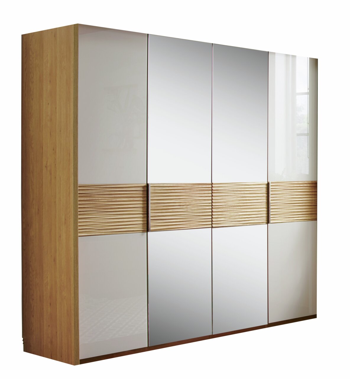 Venda Drehtürenschrank 4-türig ARONA 4-türiger Drehtürenschrank mit Holz- und Spiegelelementen, seitliche Perspektive