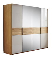 4-türiger Drehtürenschrank mit Holz- und Spiegelelementen, seitliche Perspektive
