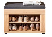 Garderobenbank aus Holz mit schwarzem Sitzpolster, zwei Regalböden für Schuhe, frontal fotografiert.
