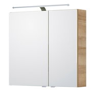 Moderner Spiegelschrank mit Holzseiten und integrierter Beleuchtung, Frontalansicht